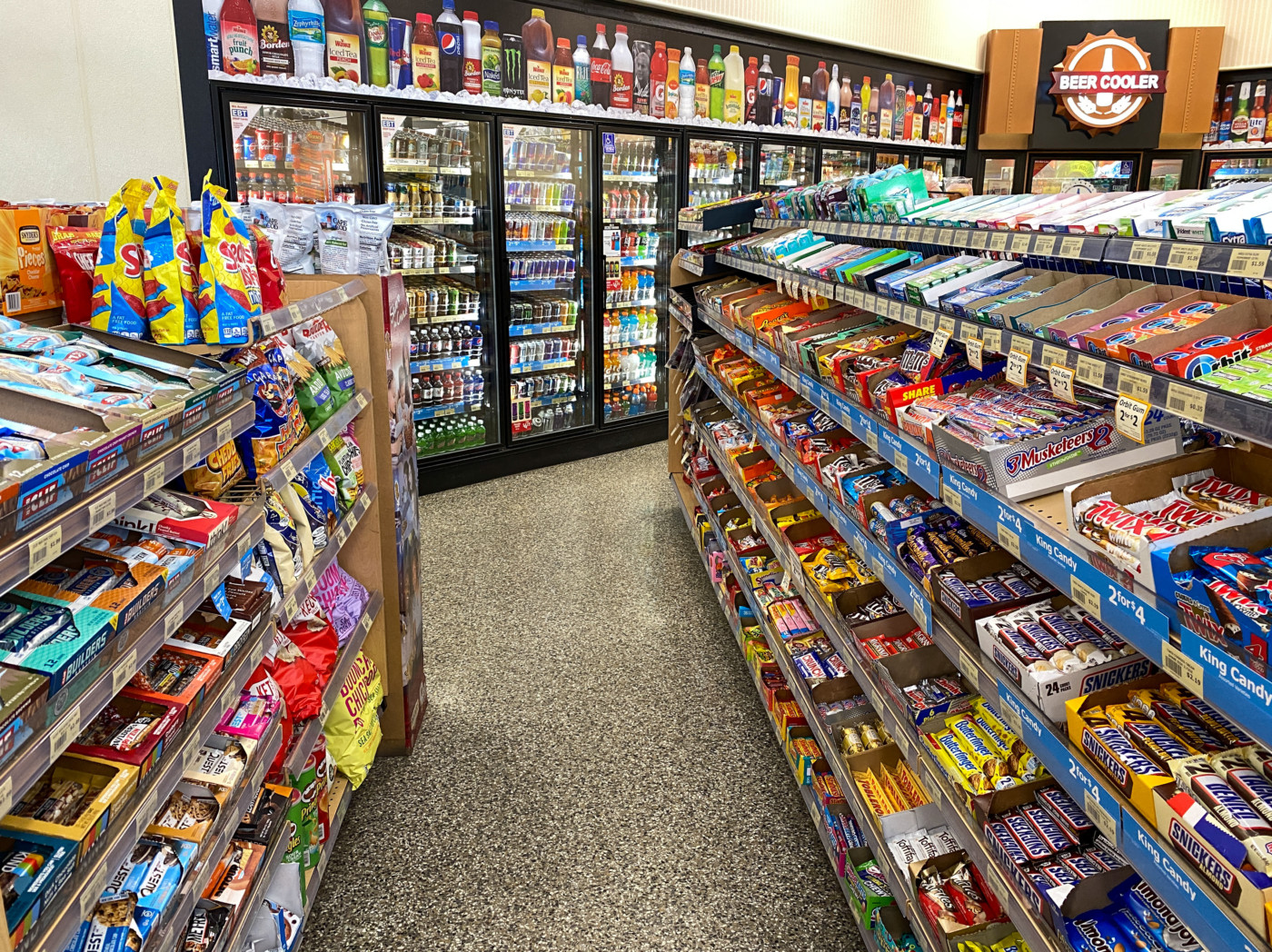 The candy and beverage displays at a Wawa gas station, fast food restaurant, and convenience store.
